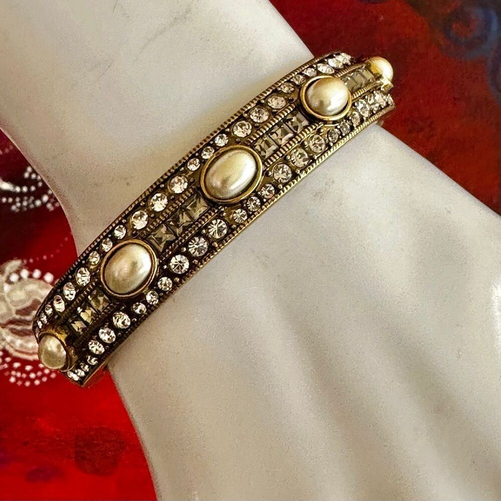 Heidi Daus Faux Pearl & Crystal Gold-Tone Hinged Bangle Bracelet